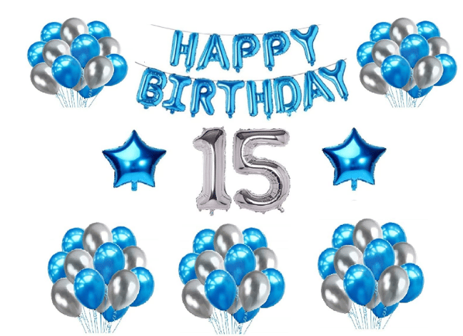     			Shopyo   1 set Happy Birthday Foil  (Blue Color), 2 pcs Blue  foil star, 30 Pcs Metallic Balloons (Blue & Silver),15 No. Foil Number Silver