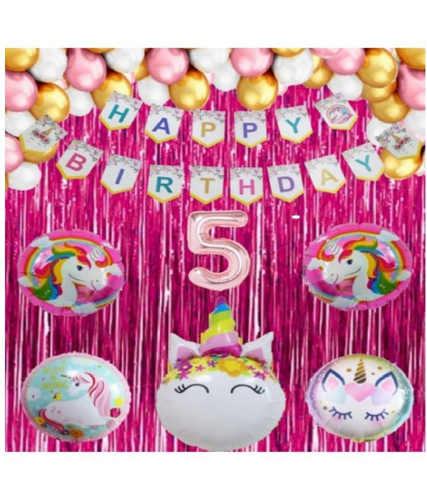     			Shopyo   1 set Happy Birthday Banner (Unicorn shape),2 pcs pink  fringe Curtain + 5 pc Unicorn Foil Balloon Set + 30 Pcs Metallic Balloons ( Pink , White & Gold),5 No. Foil Number Rose gold