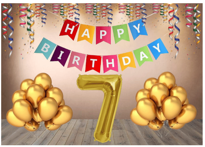     			Shopyo   1 set Happy Birthday Banner (Multi color  Banner ), 30 Pcs Metallic Balloons  (Gold),7 No. Foil Number ( Golden )