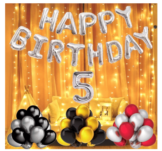     			Shopyo   1 set Happy Birthday Foil (silver  Color),, 40 Pcs Metallic Balloons (Golden +Black+Silver+Red ),5 No. Foil Number Silver