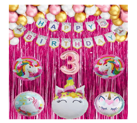     			Shopyo   1 set Happy Birthday Banner (Unicorn shape),2 pcs pink  fringe Curtain + 5 pc Unicorn Foil Balloon Set + 30 Pcs Metallic Balloons ( Pink , White & Gold),3 No. Foil Number Rose gold