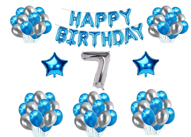     			Shopyo   1 set Happy Birthday Foil  (Blue Color), 2 pcs Blue  foil star, 30 Pcs Metallic Balloons (Blue & Silver),7 No. Foil Number Silver