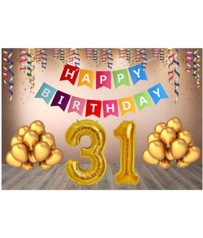     			Shopyo   1 set Happy Birthday Banner (Multi color  Banner ), 30 Pcs Metallic Balloons  (Gold),  31 No. Foil Number ( Golden )