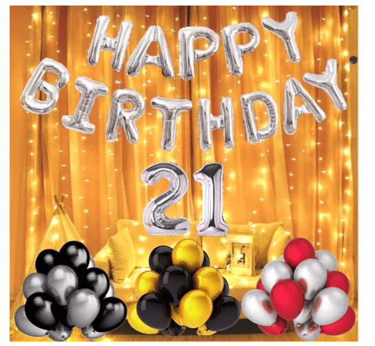     			Shopyo   1 set Happy Birthday Foil (silver  Color),, 40 Pcs Metallic Balloons (Golden +Black+Silver+Red ),21 No. Foil Number Silver
