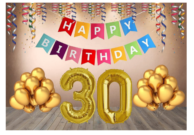     			Shopyo   1 set Happy Birthday Banner (Multi color  Banner ), 30 Pcs Metallic Balloons  (Gold),  30 No. Foil Number ( Golden )