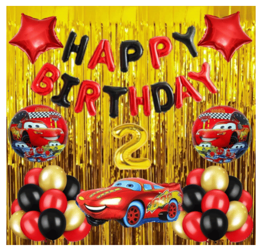     			Shopyo   1 set Happy Birthday Foil (Black & Red   Color) 30 Pcs Metallic Balloons (Golden +Black+Red )+ 5 pcs super cool  Racing Car set with 2 fringe Curtain (Golden ),2 No.. Foil Number Golden