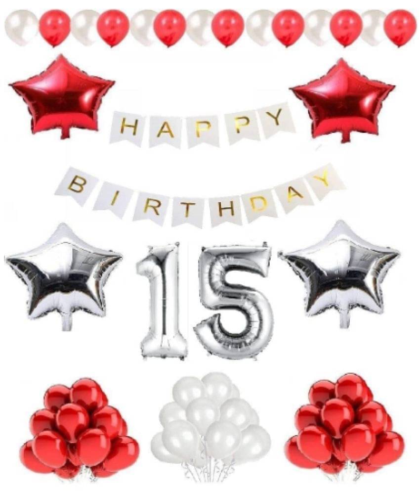     			Shopyo   1 set Happy Birthday Banner (White  Color), 2 pcs red foil star + 2 pcs silver star foil, 50 Pcs Metallic Balloons (Red & Silver ),15 No. Foil Number Silver