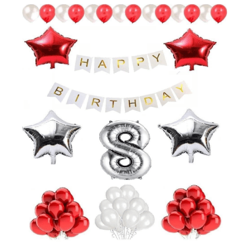     			Shopyo   1 set Happy Birthday Banner (White  Color), 2 pcs red foil star + 2 pcs silver star foil, 50 Pcs Metallic Balloons (Red & Silver ),7 No. Foil Number Silver
