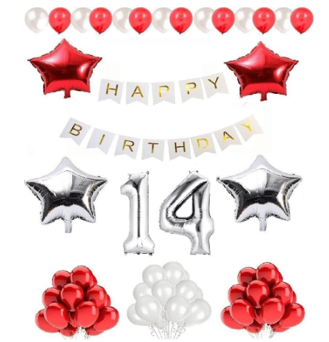     			Shopyo   1 set Happy Birthday Banner (White  Color), 2 pcs red foil star + 2 pcs silver star foil, 50 Pcs Metallic Balloons (Red & Silver ), 14No. Foil Number Silver