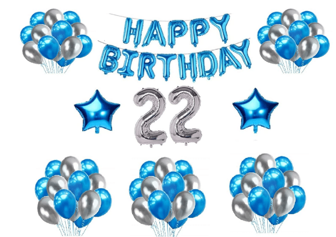     			Shopyo   1 set Happy Birthday Foil  (Blue Color), 2 pcs Blue  foil star, 30 Pcs Metallic Balloons (Blue & Silver),22 No. Foil Number Silver