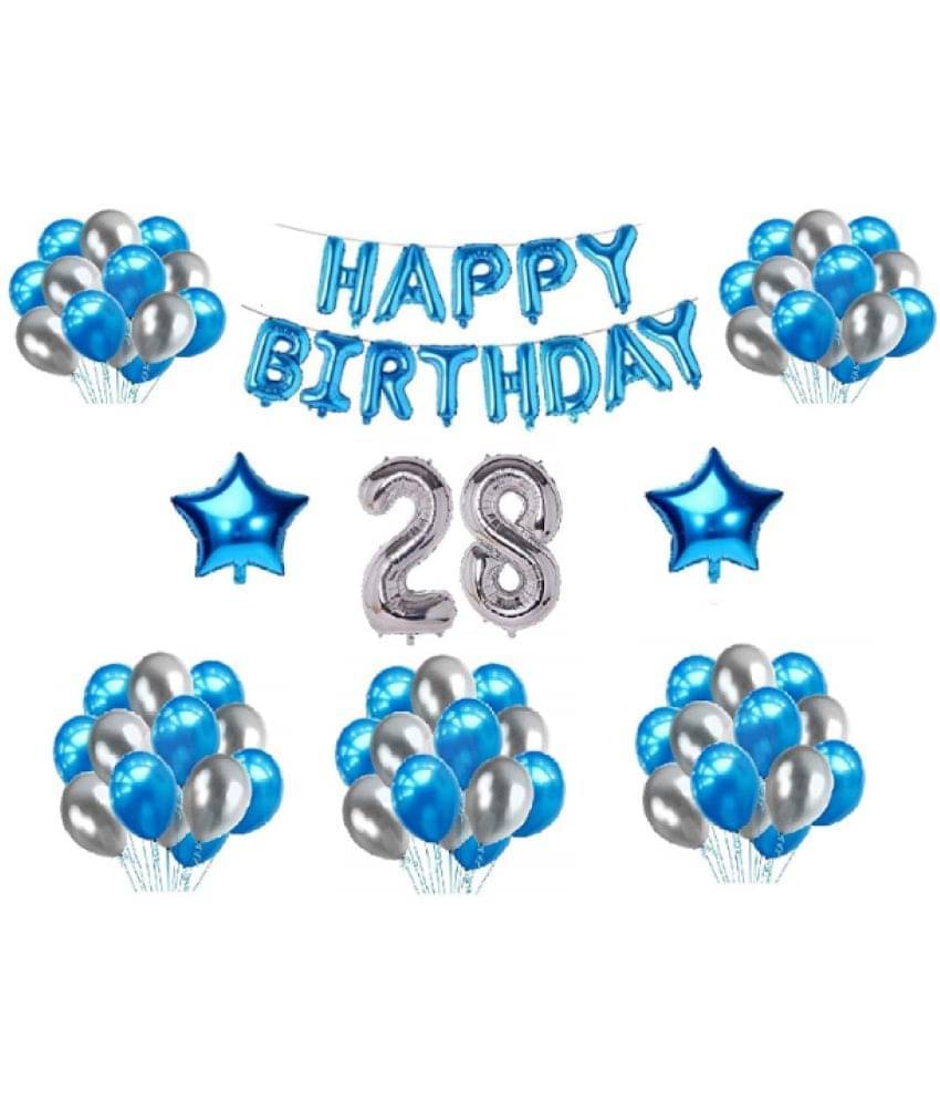     			Shopyo   1 set Happy Birthday Foil  (Blue Color), 2 pcs Blue  foil star, 30 Pcs Metallic Balloons (Blue & Silver),28  No. Foil Number Silver