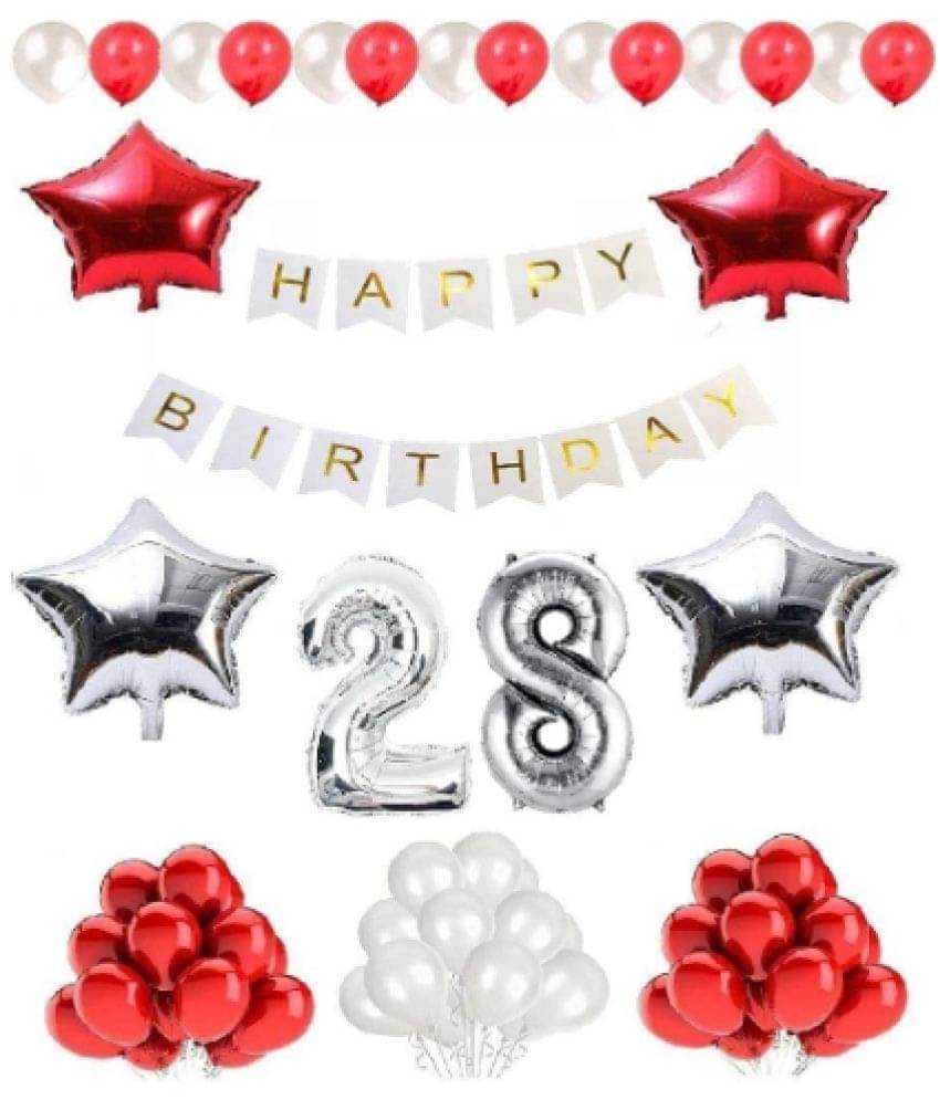     			Shopyo   1 set Happy Birthday Banner (White  Color), 2 pcs red foil star + 2 pcs silver star foil, 50 Pcs Metallic Balloons (Red & Silver ),28  No. Foil Number Silver