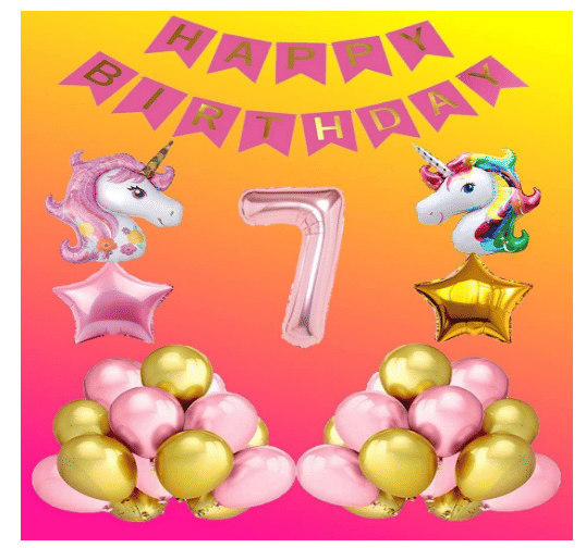     			Shopyo   1 set Happy Birthday Banner (Pink Banner ),2 pcs Foil Star Rose God + Golden + 2 pc Unicorn head  Foil Balloon  + 30 Pcs Metallic Balloons ( Pink  & Gold),7 No. Foil Number Rose gold