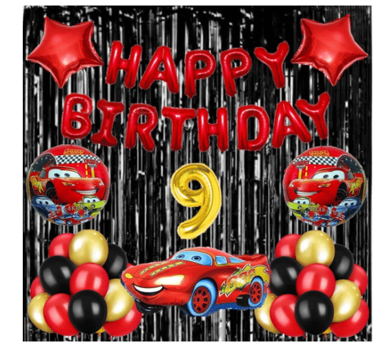     			Shopyo   1 set Happy Birthday Foil (Red   Color), 30 Pcs Metallic Balloons (Golden +Black+Red )+ 5 pcs super cool  Racing Car set with 2 fringe Curtain (Black ),9 No. Foil Number Golden