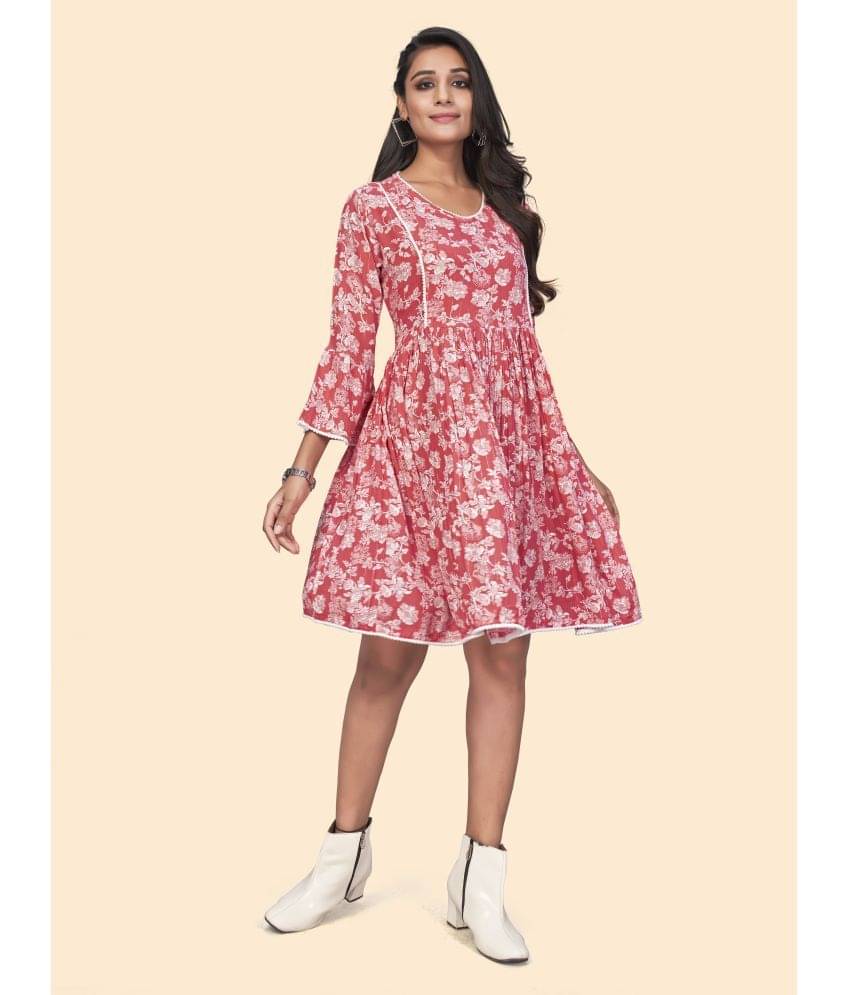 Vbuyz Women Georgette Printed Fit & Flare Dress ( Pink ) Vbuyz Women Georgette Printed Fit & Flare Dress ( Pink )