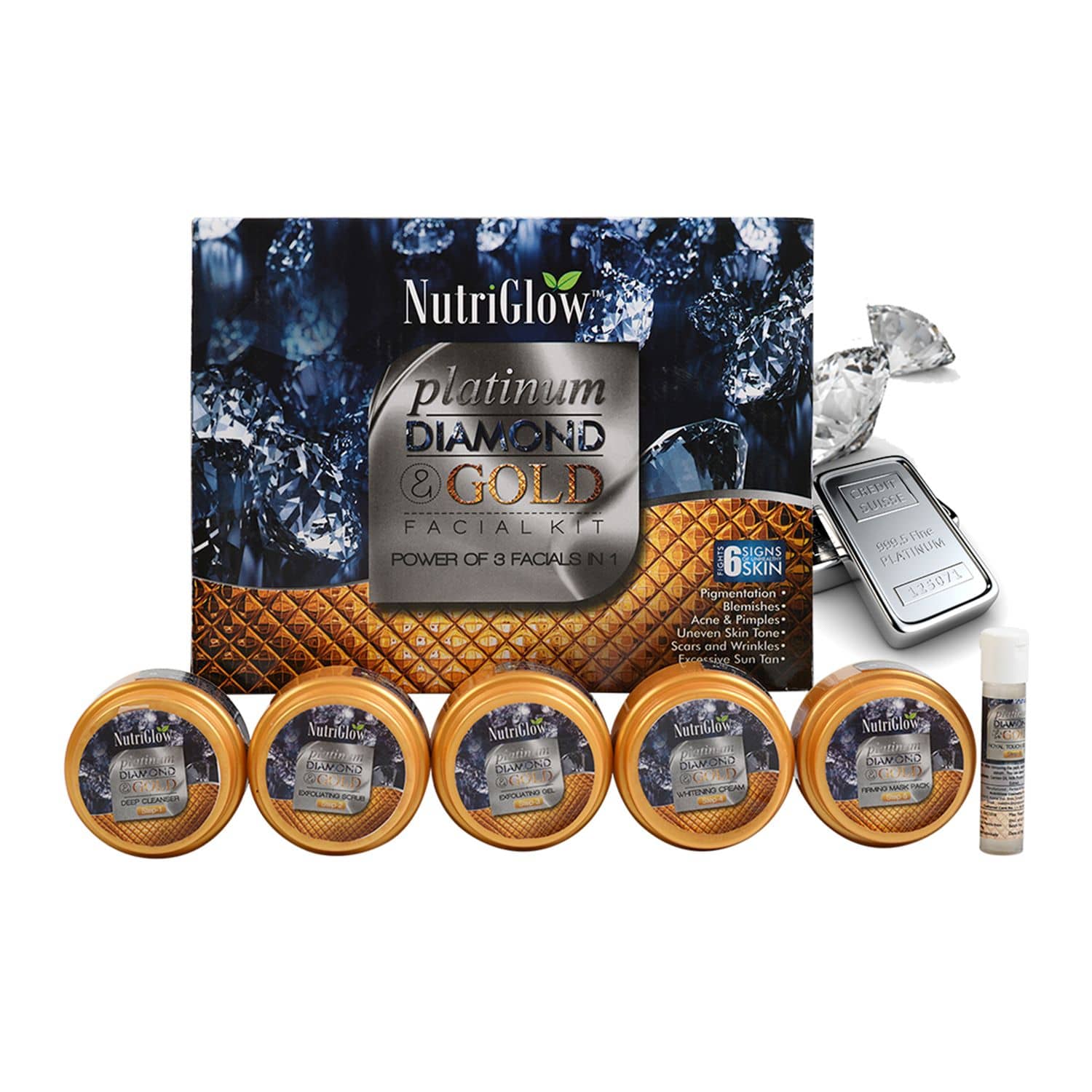 Nutriglow Platinum Diamond Gold Facial Kit Kit For Brightening, Glowing Skin, 250gm+10ml