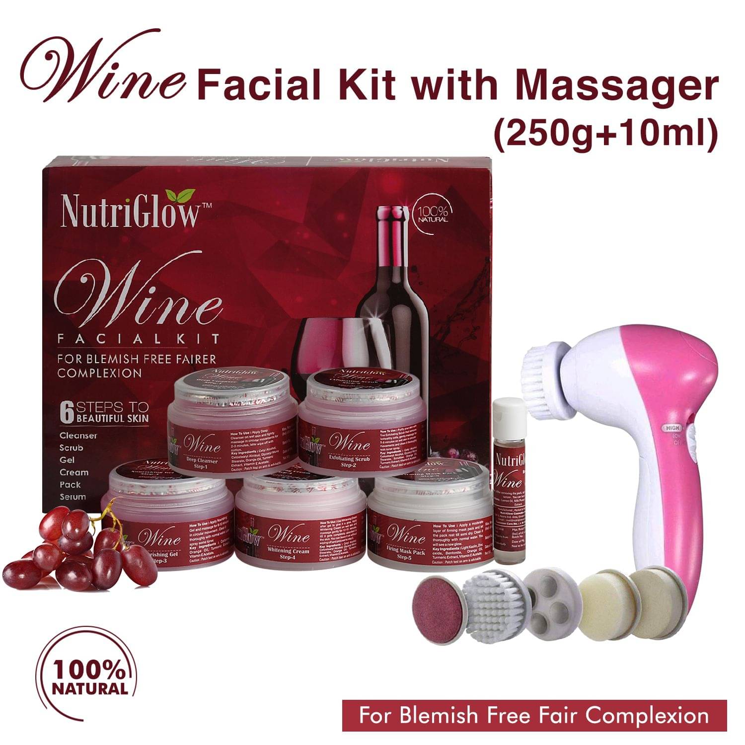 NutriGlow Wine Facial Cleanup Kit for Women for Glowing Skin 6-Pieces Skin Care Set 250gm+10ml with Free Face Massager NutriGlow Wine Facial Cleanup Kit for Women for Glowing Skin 6-Pieces Skin Care Set 250gm+10ml with Free Face Massager