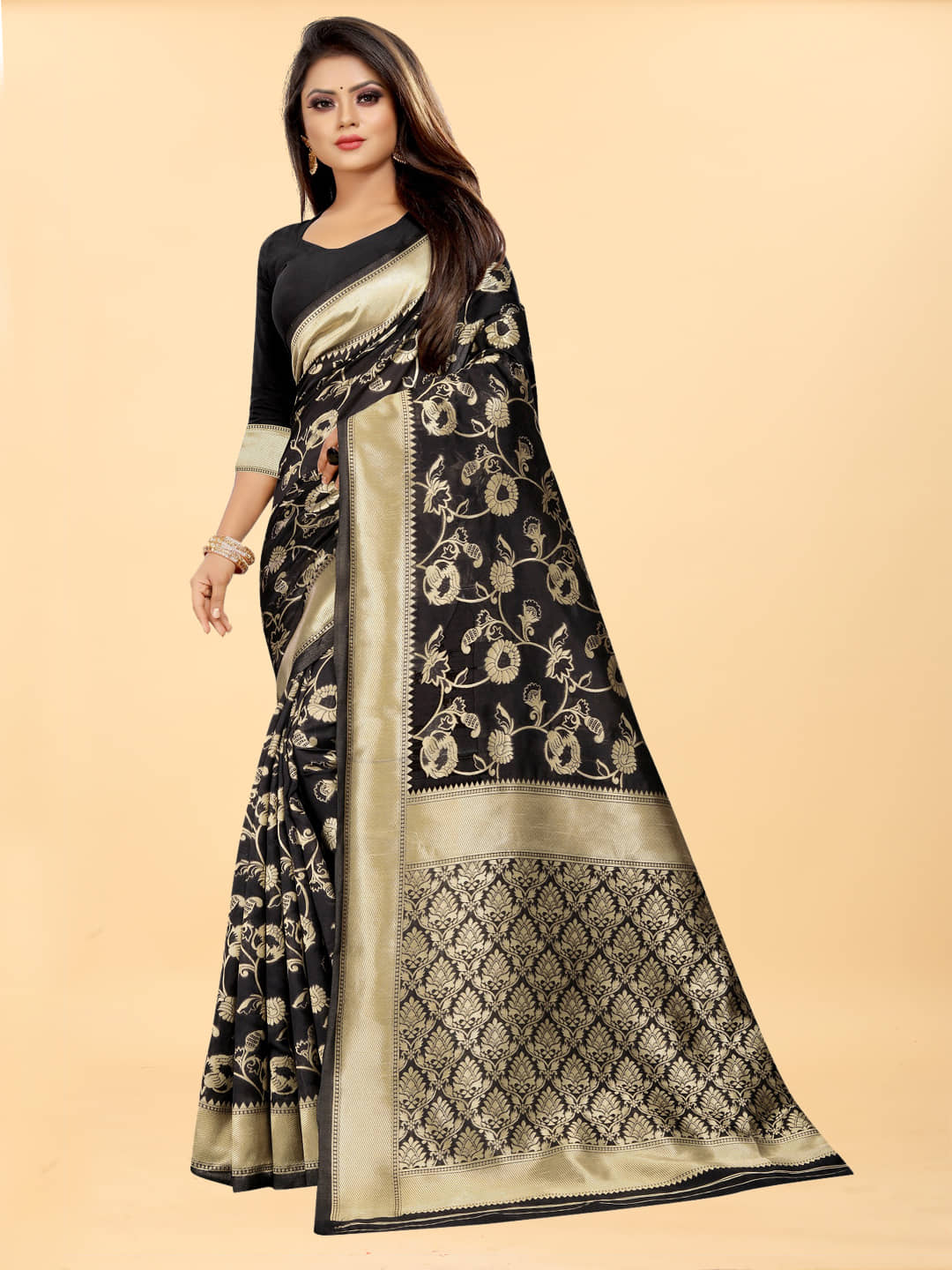 Gazal Fashions Banarasi Silk Embellished Saree With Unstitched Blouse Piece ( Black ) - Sarees | Buy online on ZillyBuy