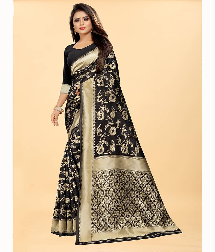 Gazal Fashions Banarasi Silk Embellished Saree With Unstitched Blouse Piece ( Black ) - Sarees | Buy online on ZillyBuy