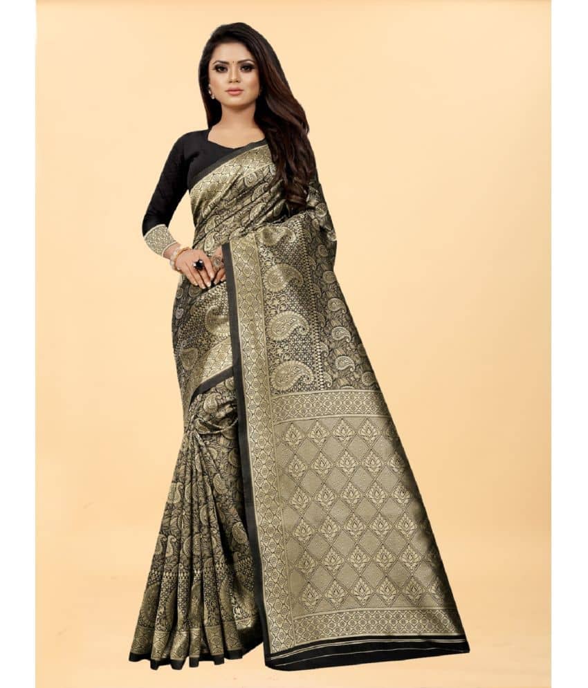 Gazal Fashions Banarasi Silk Embellished Saree With Unstitched Blouse Piece ( Black ) - Sarees | Buy online on ZillyBuy