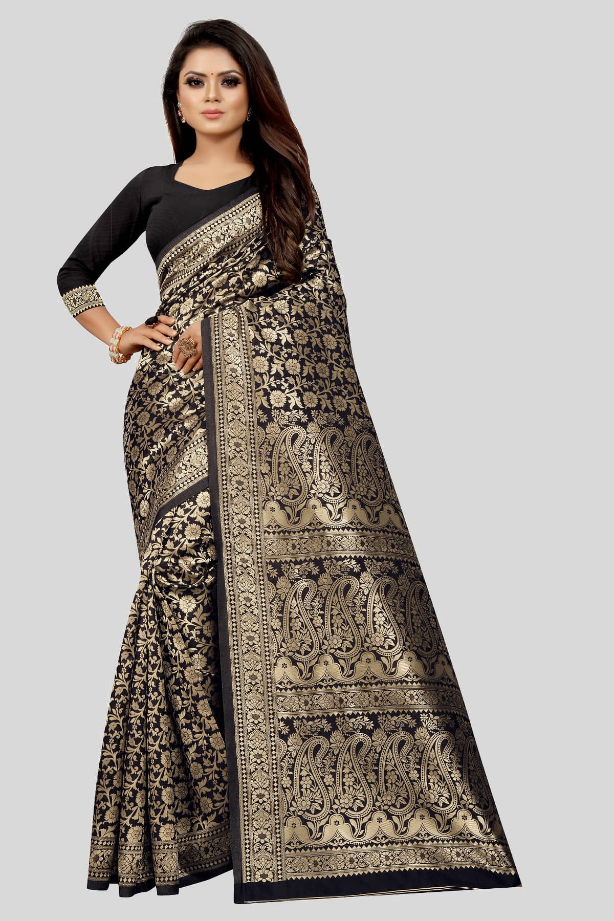 Gazal Fashions Banarasi Silk Embellished Saree With Unstitched Blouse Piece ( Black ) - Sarees | Buy online on ZillyBuy