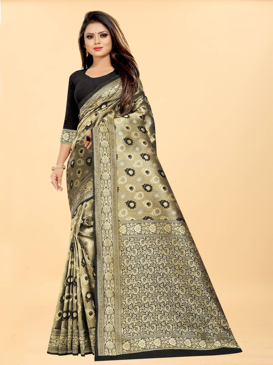 Gazal Fashions Banarasi Silk Embellished Saree With Unstitched Blouse Piece ( Black ) - Sarees | Buy online on ZillyBuy