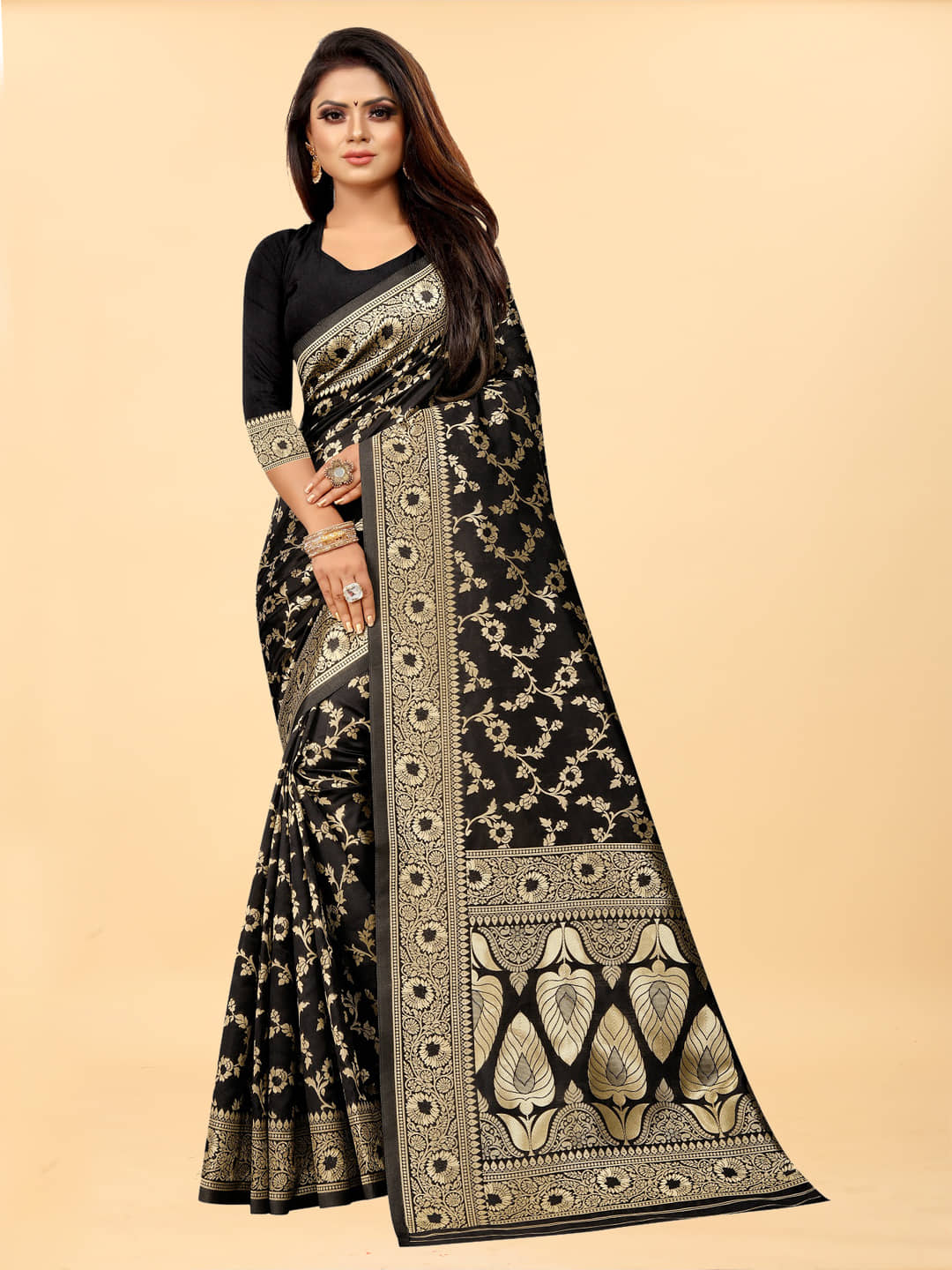 Gazal Fashions Banarasi Silk Embellished Saree With Unstitched Blouse Piece ( Black ) - Sarees | Buy online on ZillyBuy