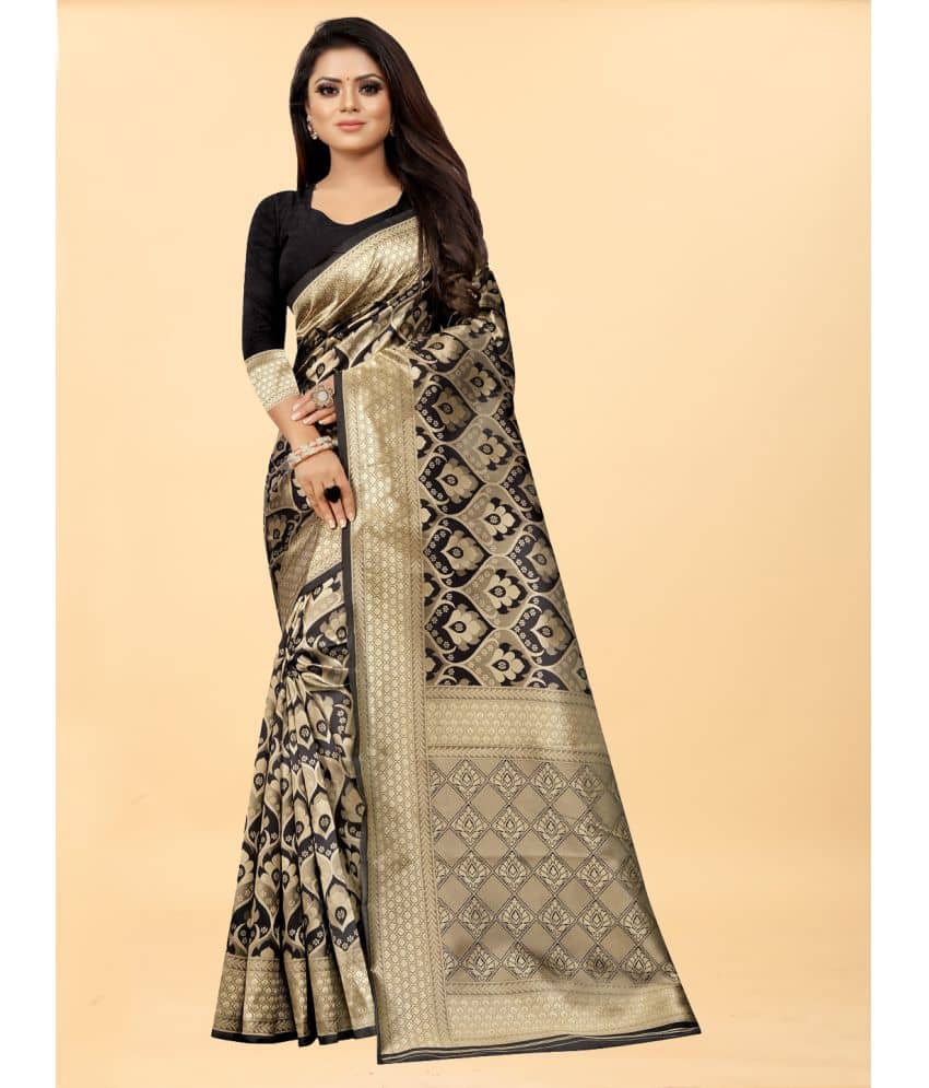 Gazal Fashions Banarasi Silk Embellished Saree With Unstitched Blouse Piece ( Black ) - Sarees | Buy online on ZillyBuy