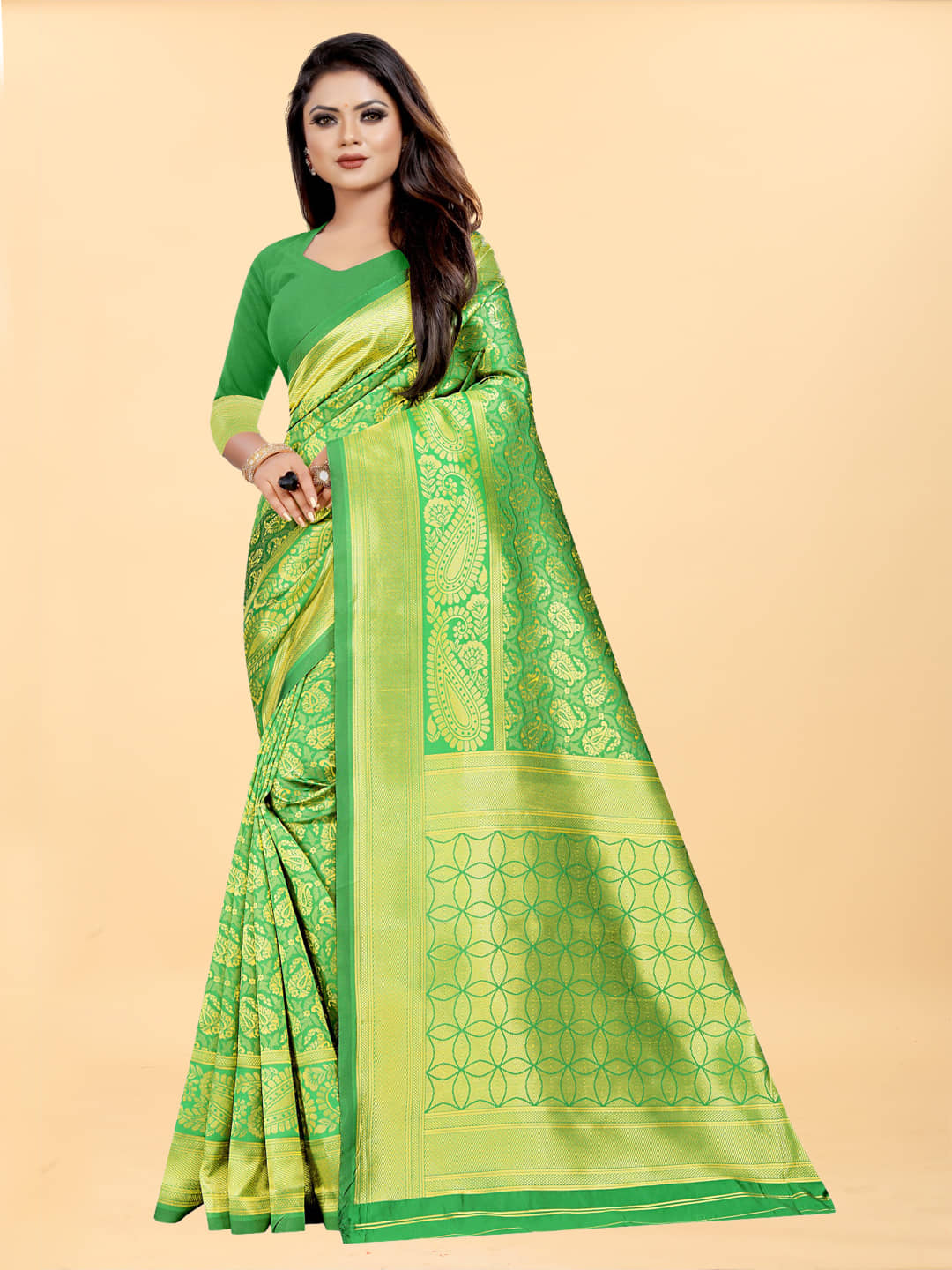 Gazal Fashions Banarasi Silk Embroidered Saree With Unstitched Blouse Piece ( Green ) - Sarees | Buy online on ZillyBuy