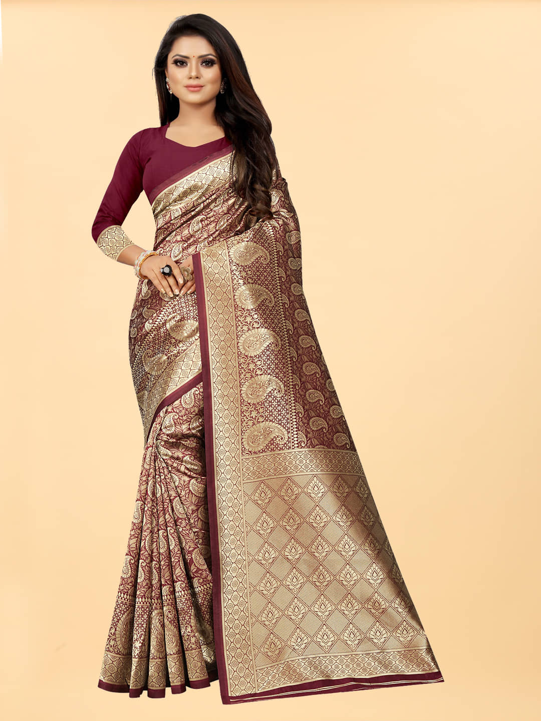 Gazal Fashions Banarasi Silk Embellished Saree With Unstitched Blouse Piece ( Maroon ) - Sarees | Buy online on ZillyBuy