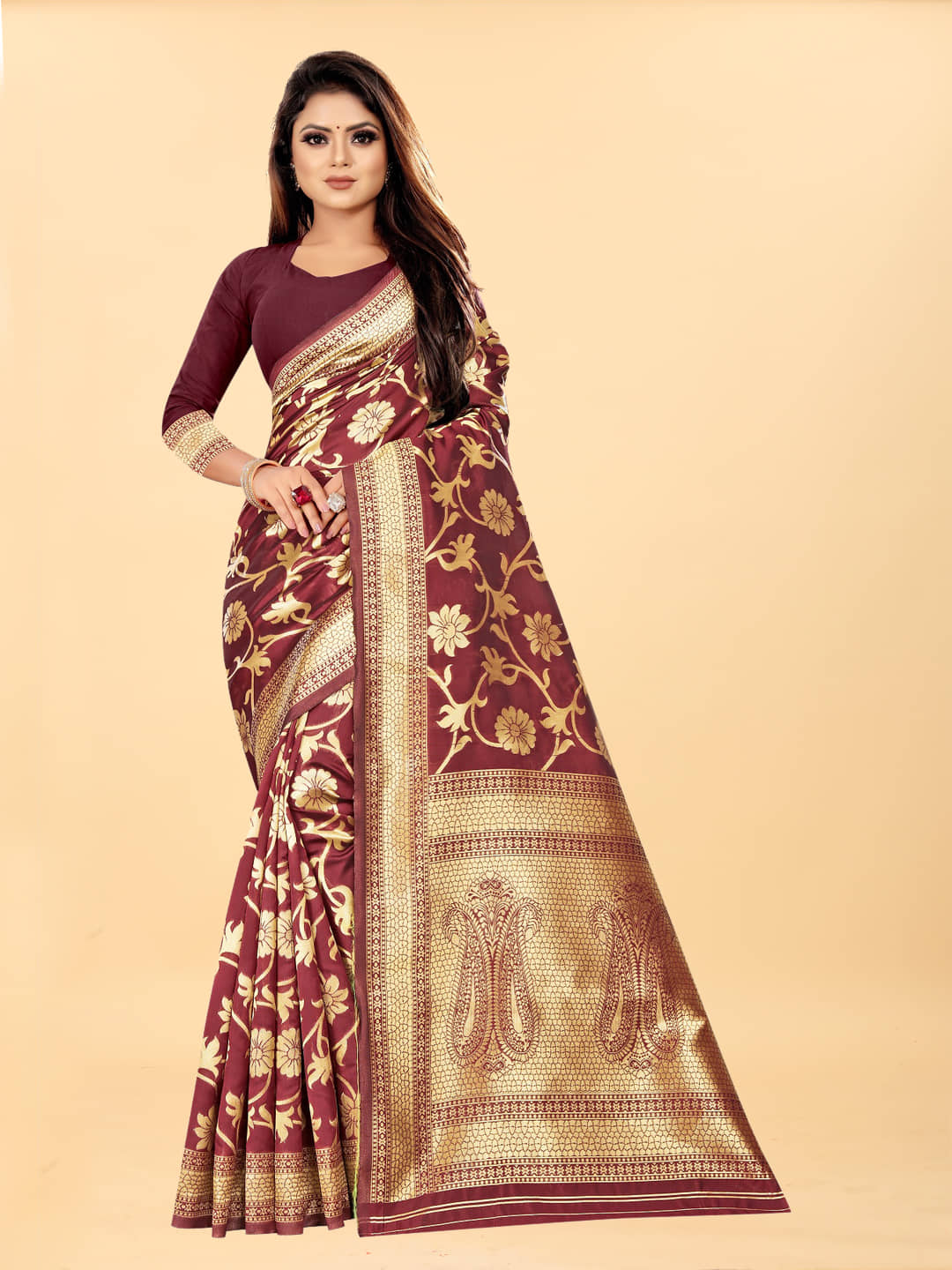 Gazal Fashions Banarasi Silk Embellished Saree With Unstitched Blouse Piece ( Maroon ) - Sarees | Buy online on ZillyBuy