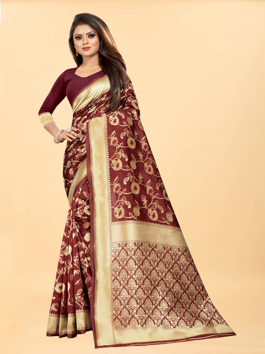 Gazal Fashions Banarasi Silk Embellished Saree With Unstitched Blouse Piece ( Maroon ) - Sarees | Buy online on ZillyBuy