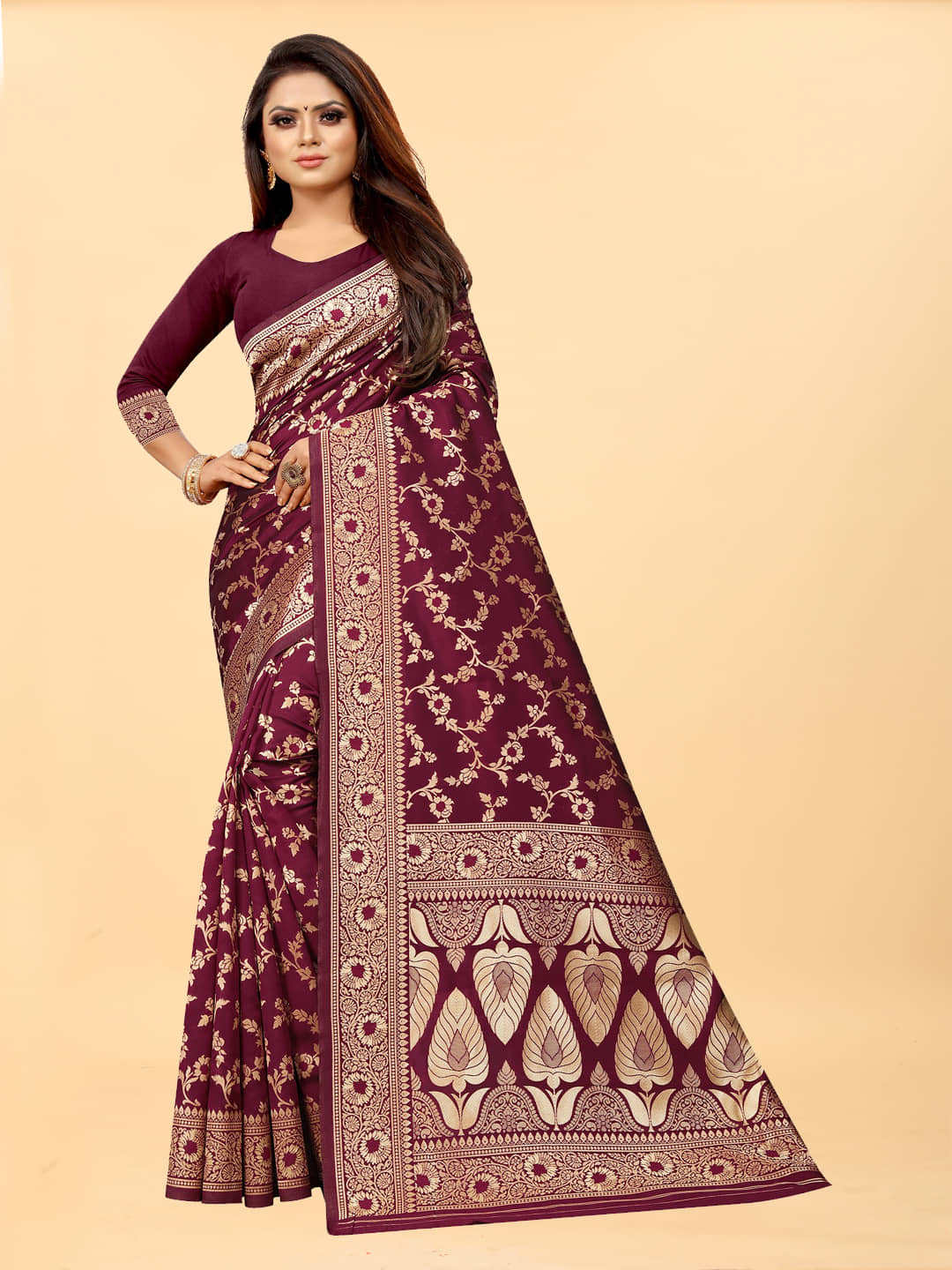 Gazal Fashions Banarasi Silk Embellished Saree With Unstitched Blouse Piece ( Maroon ) - Sarees | Buy online on ZillyBuy