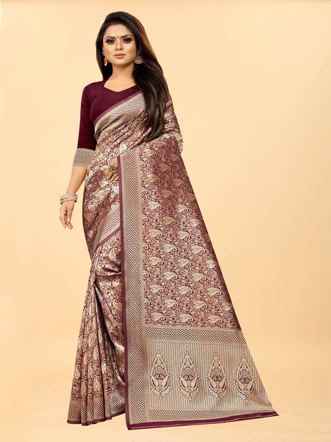 Gazal Fashions Banarasi Silk Embroidered Saree With Unstitched Blouse Piece ( Maroon ) - Sarees | Buy online on ZillyBuy