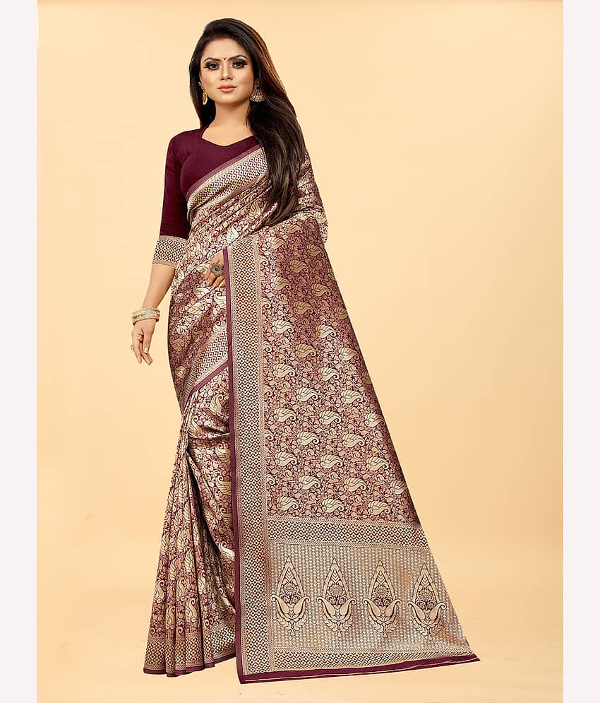 Gazal Fashions Banarasi Silk Embroidered Saree With Unstitched Blouse Piece ( Maroon ) - Sarees | Buy online on ZillyBuy