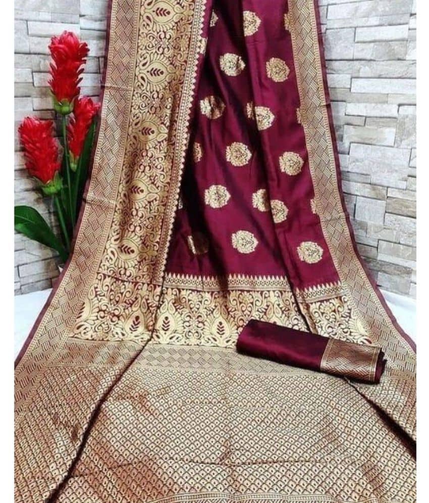 Gazal Fashions Banarasi Silk Embellished Saree With Unstitched Blouse Piece ( Maroon ) - Sarees | Buy online on ZillyBuy