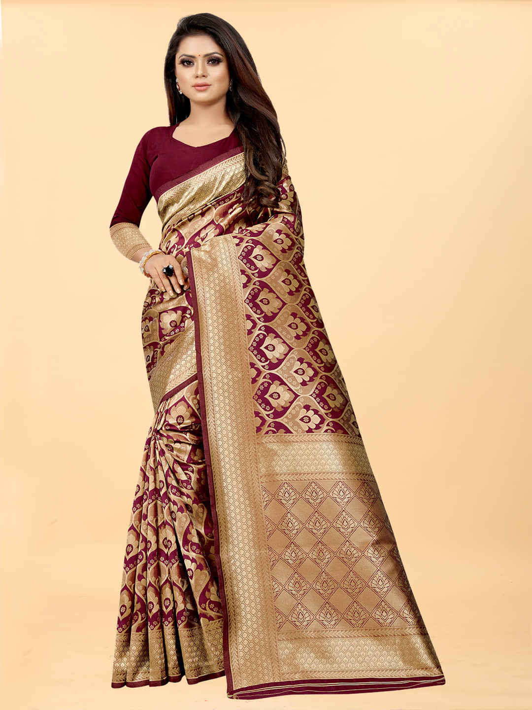 Gazal Fashions Banarasi Silk Embellished Saree With Unstitched Blouse Piece ( Maroon ) - Sarees | Buy online on ZillyBuy