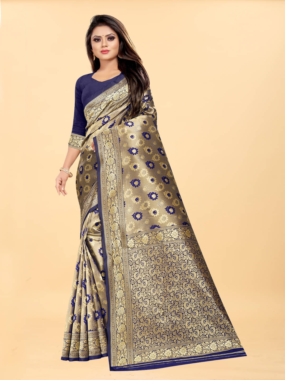     			Gazal Fashions Banarasi Silk Embroidered Saree With Unstitched Blouse Piece ( Navy Blue )