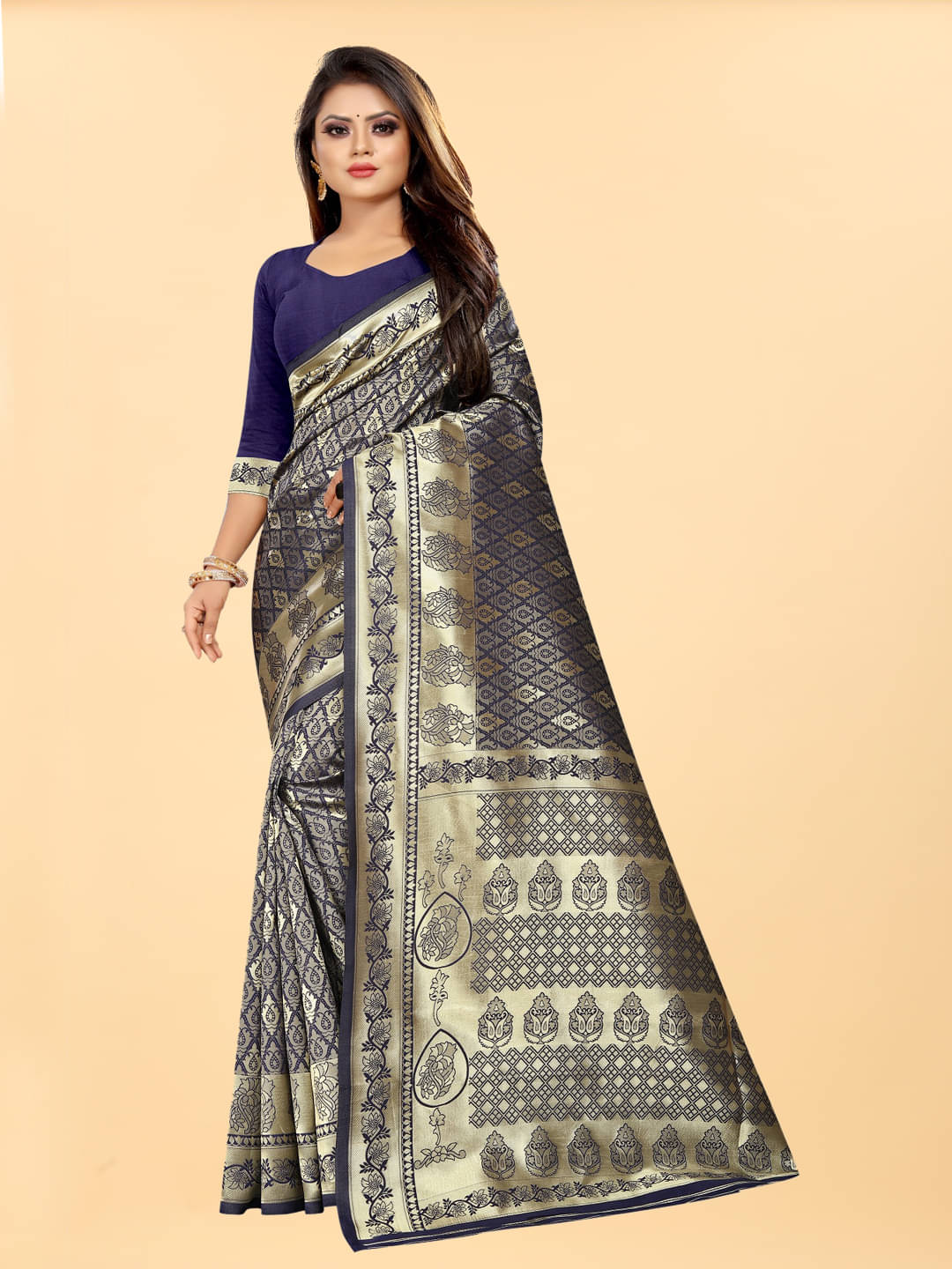     			Gazal Fashions Banarasi Silk Embellished Saree With Unstitched Blouse Piece ( Navy Blue )