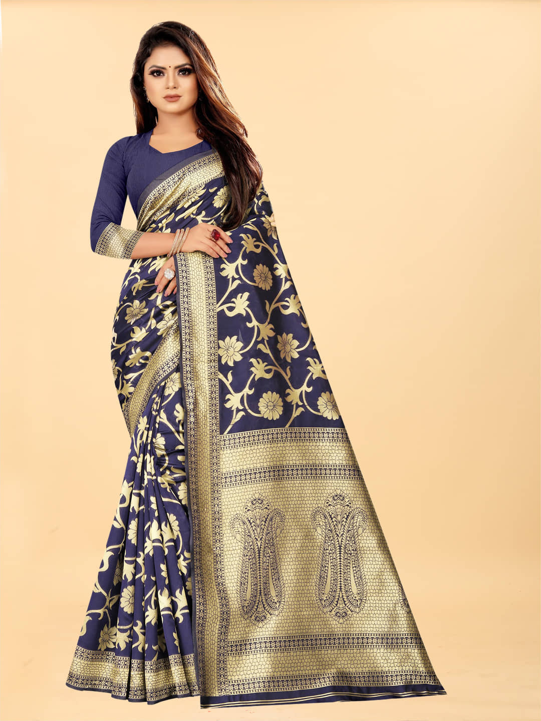 Gazal Fashions Banarasi Silk Embellished Saree With Unstitched Blouse Piece ( Navy Blue ) - Sarees | Buy online on ZillyBuy