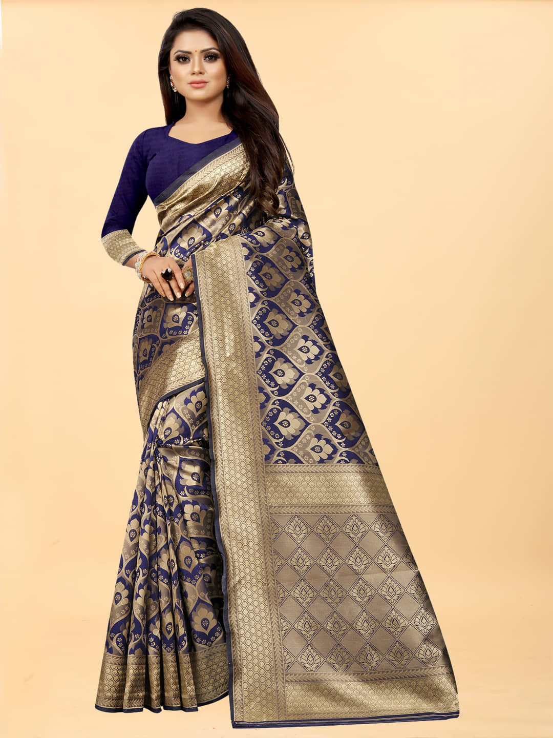 Gazal Fashions Banarasi Silk Embellished Saree With Unstitched Blouse Piece ( Navy Blue ) - Sarees | Buy online on ZillyBuy