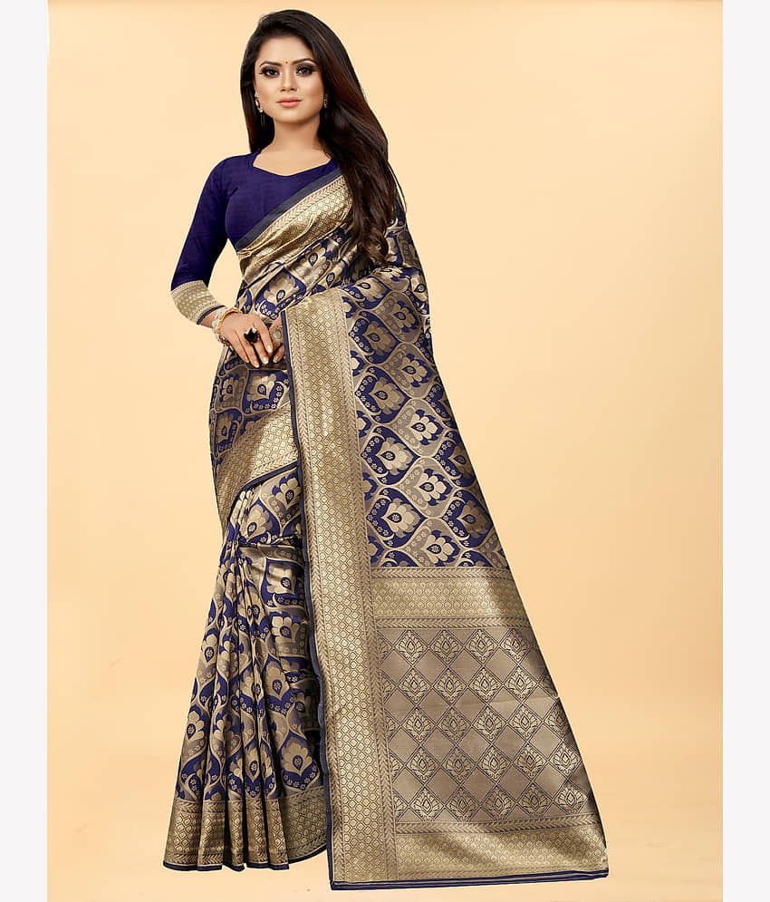 Gazal Fashions Banarasi Silk Embellished Saree With Unstitched Blouse Piece ( Navy Blue ) - Sarees | Buy online on ZillyBuy