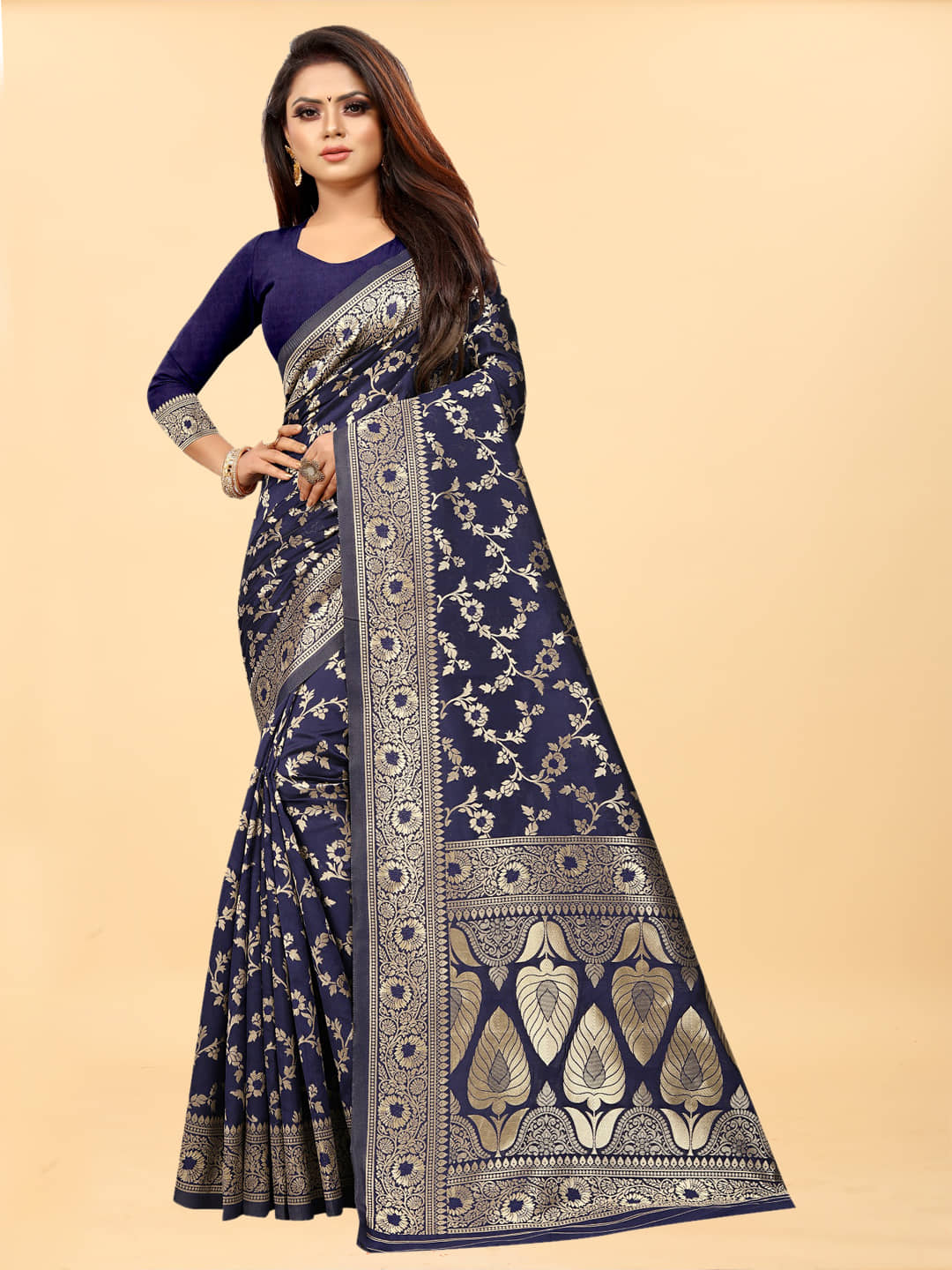 Gazal Fashions Banarasi Silk Self Design Saree With Unstitched Blouse Piece ( Navy Blue ) - Sarees | Buy online on ZillyBuy