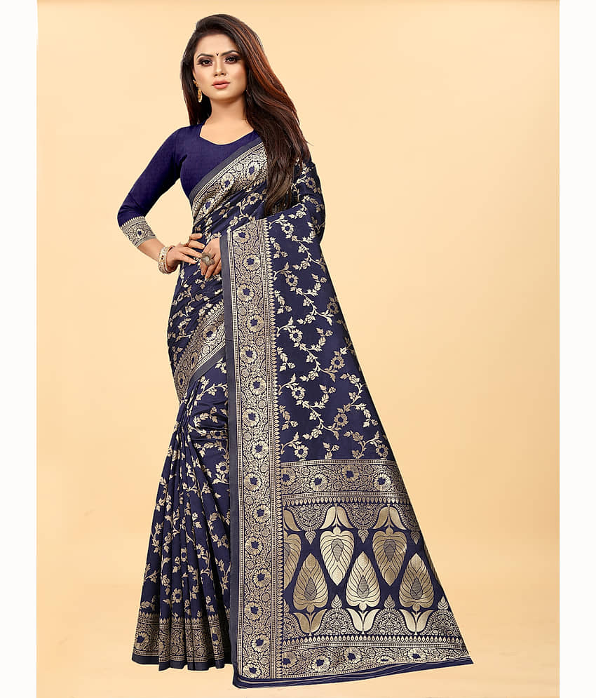 Gazal Fashions Banarasi Silk Self Design Saree With Unstitched Blouse Piece ( Navy Blue ) - Sarees | Buy online on ZillyBuy