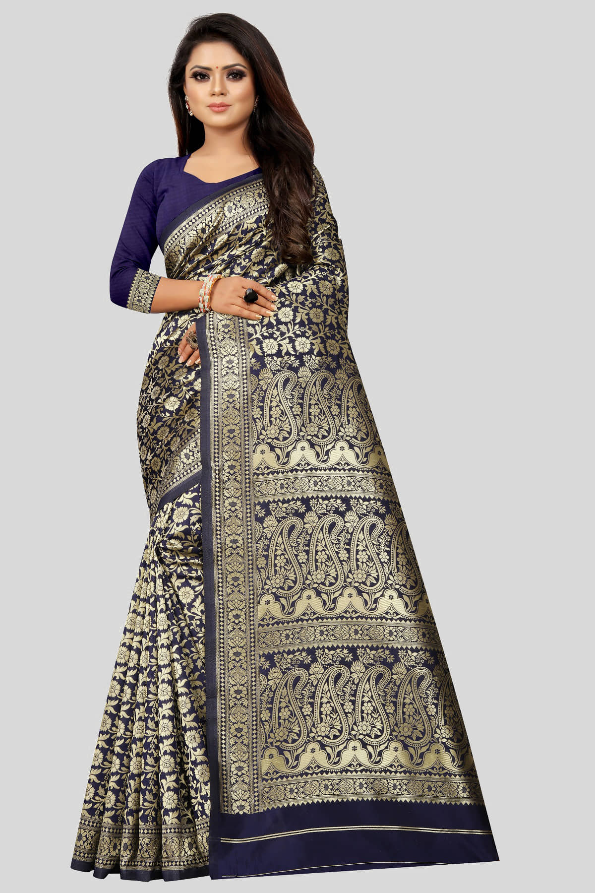 Gazal Fashions Banarasi Silk Embellished Saree With Unstitched Blouse Piece ( Navy Blue ) - Sarees | Buy online on ZillyBuy