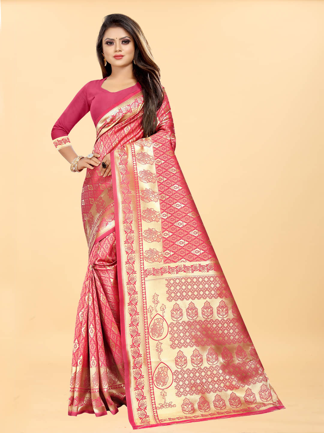 Gazal Fashions Banarasi Silk Embellished Saree With Unstitched Blouse Piece ( Pink ) - Sarees | Buy online on ZillyBuy