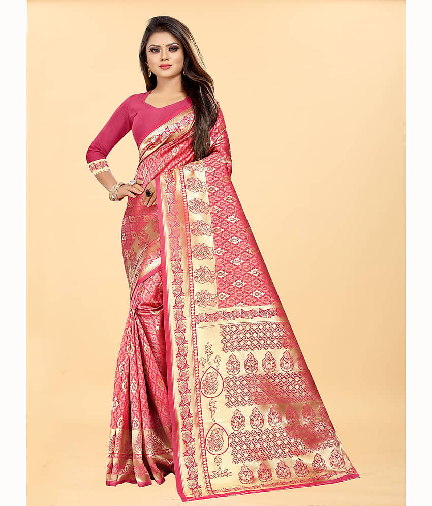 Gazal Fashions Banarasi Silk Embellished Saree With Unstitched Blouse Piece ( Pink ) - Sarees | Buy online on ZillyBuy