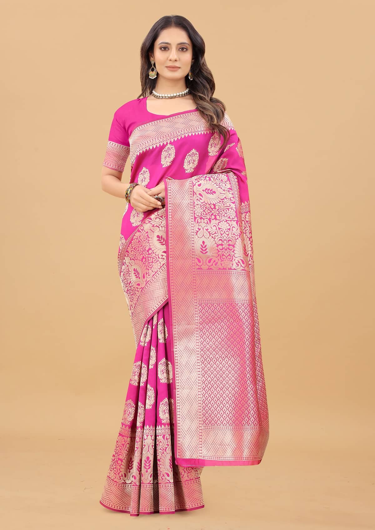 Gazal Fashions Banarasi Silk Embellished Saree With Unstitched Blouse Piece ( Pink ) - Sarees | Buy online on ZillyBuy