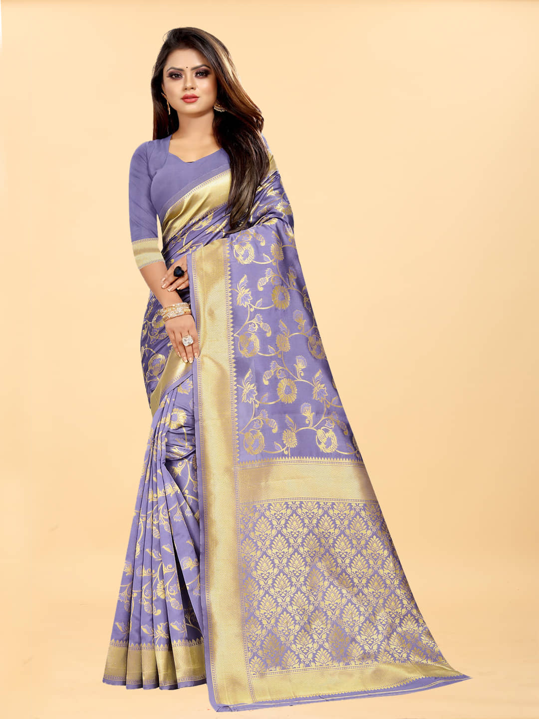 Gazal Fashions Banarasi Silk Embellished Saree With Unstitched Blouse Piece ( Purple ) - Sarees | Buy online on ZillyBuy
