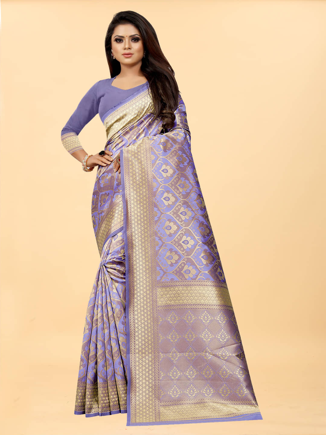 Gazal Fashions Banarasi Silk Embellished Saree With Unstitched Blouse Piece ( Purple ) - Sarees | Buy online on ZillyBuy